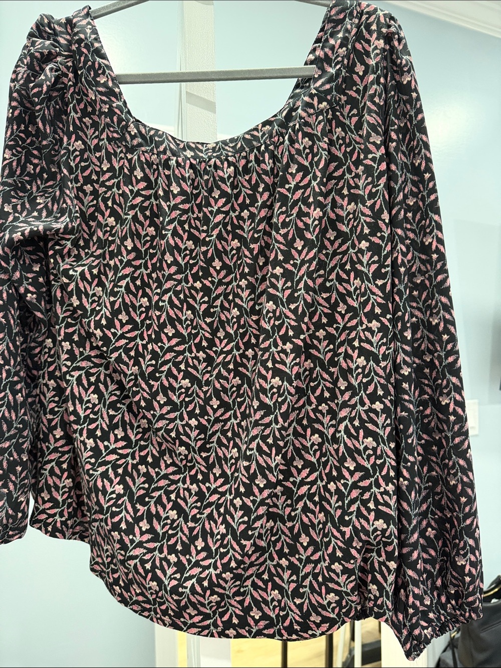 LOFT Black Long-Sleeve Blouse with Pink Leaf Print